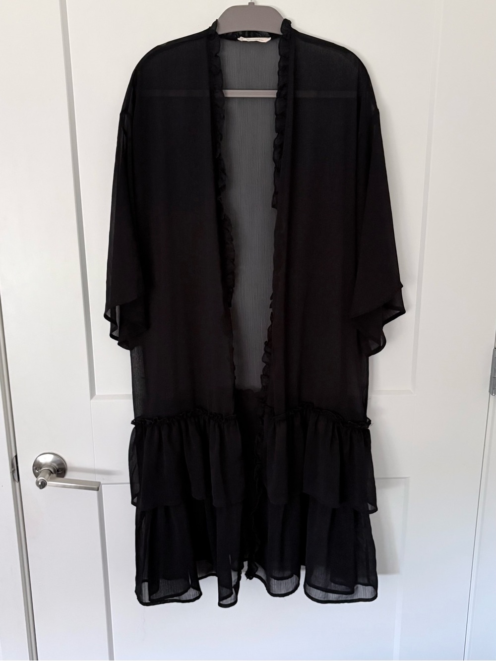Haute Society Black Sheer Ruffle Trim Kimono Robe